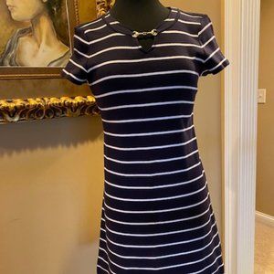 TALBOTS PETITE NAVY & WHITE STRIPED CASUAL COTTON DRESS W/HORSE BIT DETAIL SZ SP